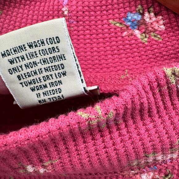 LL Bean Shirt Womens Medium Pink Floral Thermal Waffle Knit Mock Neck Pullover - Picture 6 of 8